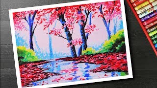 How to draw Spring season landscape drawing and painting with cherry blossom tree step by step [upl. by Barthold]