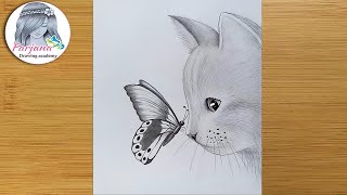 How to draw a cat with butterfly  pencil sketch for beginners  step by step drawing [upl. by Michon]