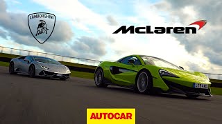 Lamborghini Huracan Evo v McLaren 600LT  Track Review  Autocar [upl. by Malynda801]