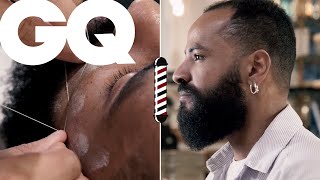 L’épilation au fil relaxante chez le barbier  CUT  ASMR  GQ [upl. by Fritz106]