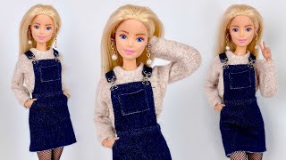 DIY Barbie Doll Outfit Overall Dress amp Cropped Sweater How To Make Trendy Realistic Barbie Clothes [upl. by Caldeira]