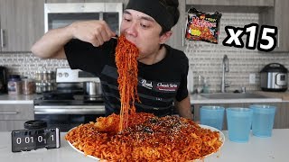 Most Korean Fire Noodles Ever Eaten x15 Packs  불닭 볶음면 도전 [upl. by Eimorej]