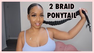 SLEEK PONYTAIL WITH 2 BRAIDS  SUPER CUTE FEEDIN BRAIDS TUTORIAL [upl. by Ahtekahs]