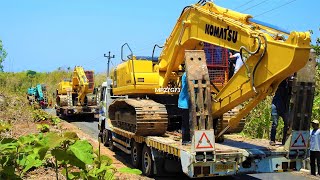 Excavator Transport To The Road Construction Site By Fuso Self Loader Trucks Komatsu PC200 Kobelco [upl. by Lilly]