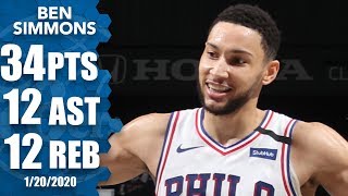 Ben Simmons has career game vs Nets with 34point tripledouble  201920 NBA Highlights [upl. by Lehsreh]