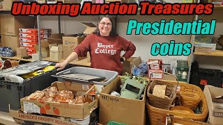 Unboxing Auction Finds  Presidential coins cookbooks Longaberger baskets and more [upl. by Ayanej]