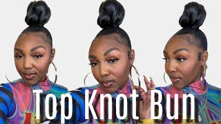 How to Top Knot Bun w Weave Tutorial [upl. by Arodnap604]