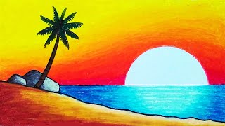 Easy Drawing Beautiful Sunset Scenery With Oil Pastel  How To Draw Easy Sunset Scenery [upl. by Claudina]