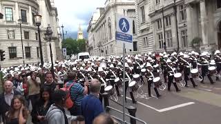 Massed Bands of HM Royal Marines marching back to Wellington Barracks after Beating Retreat 2024 [upl. by Leifeste]