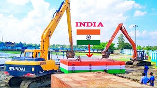 Excavator lowers pontoon in river HYUNDAI 245 LR SMART VS TATA HITACHI EX 215 [upl. by Oringa]