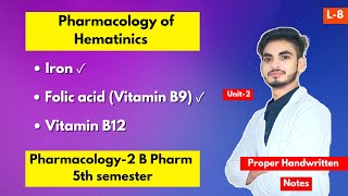 L8। U2। Hematinics Pharmacology। B Pharm 5th semester। Iron। Folic acid। Vitamin B12। Shahruddin। [upl. by Mcgray]