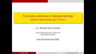 Física Matemática  Clase 15 Funciones esféricas e hipergeométricas [upl. by Haikan]