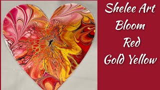 1534 Shelee Art Bloom Technique Bright Red and Gold Acrylic Paint Pouring [upl. by Demaria]