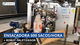 Línea de ensacado producción 600 sacoshora más robot paletizador Enesval [upl. by Arimay537]