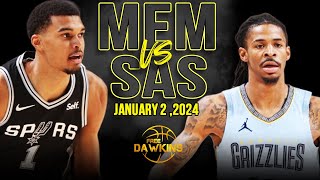 Memphis Grizzlies vs San Antonio Spurs Full Game Highlights  January 2 2024  FreeDawkins [upl. by Dorreg]