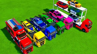 All Colors Of POLICE CAR MODELS vs FIRE TRUCKS TRANSPORTING With DOUBLEDECKER Farming Simulator 22 [upl. by Eldoria]