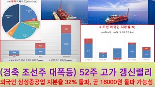 경축 조선주 대폭등 52주 고가 갱신랠리 외국인 삼성중공업 지분율 32 돌파 곧 16000원 돌파 가능성 [upl. by Garret]