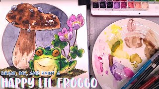 Learn to Draw a Frog In the Rain Start to Finish Sketch Ink amp Watercolor Tutorial [upl. by Carpet]