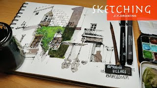 Urban Sketching and Painting part of Spanish Village Poble Espanyol  Easy and Simple Watercolor [upl. by Yatnahc]