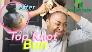 TOP KNOT BUN TUTORIAL ON 4B4C HAIR easiest method using only DOLLAR TREE PRODUCTS [upl. by Anwaf719]