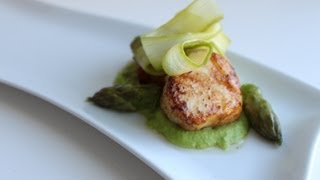 Seared Scallops with Shaved Asparagus and Pea Puree [upl. by Ettenirt780]