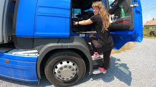 Young female truck drivers morning trucking routine [upl. by Huppert]