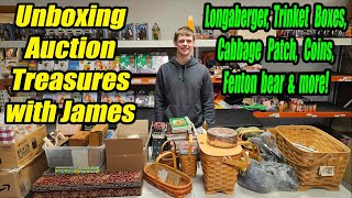 Unboxing Auction Treasures that James Actually picked Longaberger Coins Fenton Bears and more [upl. by Woodley]