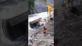 Pulling overturned JCB from Trishuli rivershorts viral excavator [upl. by Ky]