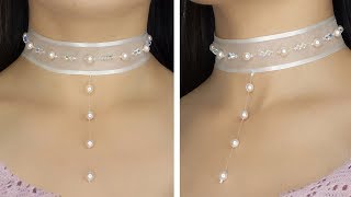 How to Make Princess Style Ribbon Choker Necklace with Crystals and Floating Pearls [upl. by Netloc]