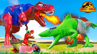 EPIC Spiderman T Rex Evolution vs Dinosaurs Jurassic World Indominus Rex Color Pack vs King Shark [upl. by Fredenburg931]