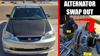 CHANGING OUT a BAD ALTERNATOR  ES1 SEDAN 7th Gen 2002 Honda Civic Lx [upl. by Bunni]