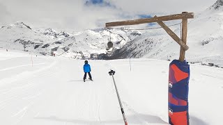 AIM FOR THE BELL Kids fun slope ALMES with OBSTACLES Skiing  Tignes ski resort trip  Apr 2023 [upl. by Tamah794]