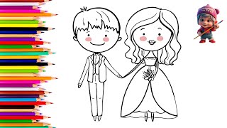 Cute Bride and Groom 👰🏻‍♀️🤵🏻Drawing and Pencil Coloring for Kids and Toddlers Easy Step by Step [upl. by Rosalee311]