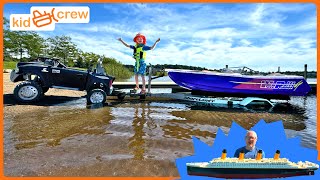 Kids speed boat adventure with ride on truck and Lego Titanic story Educational  Kid Crew [upl. by Aeiram]