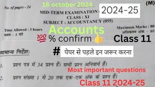 class 11 accounts mid term question paper 2024  class 11 Accountancy half yearly exam 202425 [upl. by Eladnar]