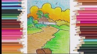 How to draw scenery with crayon । Scenary with crayons 😍😍 [upl. by Yellat]