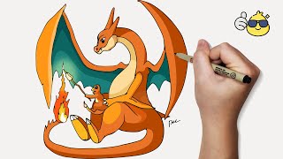 How to Draw Pokemon Charmander and Mega Charizard Y Step by Step  Duc Draw [upl. by Nylrak]