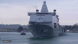 ROYAL NETHERLANDS NAVY AMPHIBIOUS SUPPORT VESSEL HNLMS KAREL DOORMAN A833 LEAVES DEVONPORT 51222 [upl. by Naibaf572]