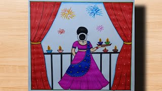 Diwali drawing  Happy Diwali drawing  How to draw Girl with Diya  Diwali festival drawing [upl. by Saihttam]