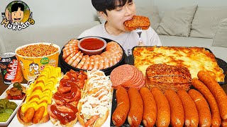 ASMR MUKBANG 직접 만든 대왕 소세지 불닭볶음면 핫도그 쉬림프링 먹방 amp 레시피 FIRE NOODLES AND SAUSAGE EATING SOUND [upl. by Dadelos]