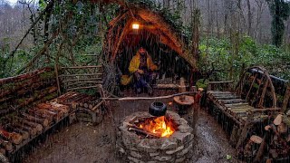 7 Days SOLO SURVIVAL CAMPING In RAIN THUNDER  Building Warm BUSHCRAFT SHELTER  Lamb Cooking [upl. by Norym]