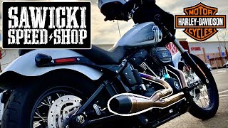 Harley Davidson Softail Street Bob Sawicki 2 to 1 M8 Exhaust Review 2018 to 2024 [upl. by Komara]