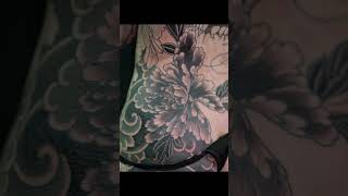 Peony shading session on this black and grey Irezumi Full Bodysuit Tattoo by Dana Helmuth [upl. by Ailimaj673]