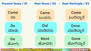 Verbs  ಕ್ರಿಯಾ ಪದಗಳು  v1 v2 v3 Present Tense  Past Tense  Past Participle  Grammar Vocabulary [upl. by Rillis339]