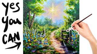 Wildflower Path Landscape 🌟🎨 How to paint acrylics for beginners Paint Night at Home [upl. by Asirrom]