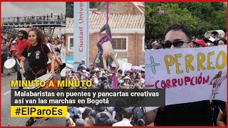 Malabaristas en puentes y pancartas creativas en las marchas en Bogotá [upl. by Nymzaj]