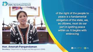 Congratulatory Message of Hon Amenah Pangandaman  10th HWPL World Peace Summit [upl. by Nobe]