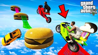 FRANKLIN TRIED IMPOSSIBLE MASSIVE BURGER JUMP PARKOUR RAMP CHALLENGE GTA 5  SHINCHAN and CHOP [upl. by Erialb]