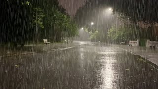 Sleep Instantly with Heavy Rainstorm amp Powerful Thunder Sounds Covering the Rainforest Park at Night [upl. by Adihahs]