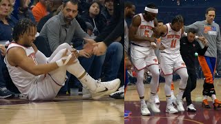 Jalen Brunson scary knee injury going up for shot 40 secs into game vs Cavs 😬 [upl. by Hteboj]